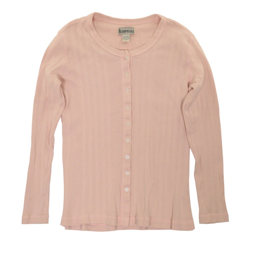 VTG Aeropostale Bella Cardigan Women M Ribbed Knit Button Front Soft Pink Cotton